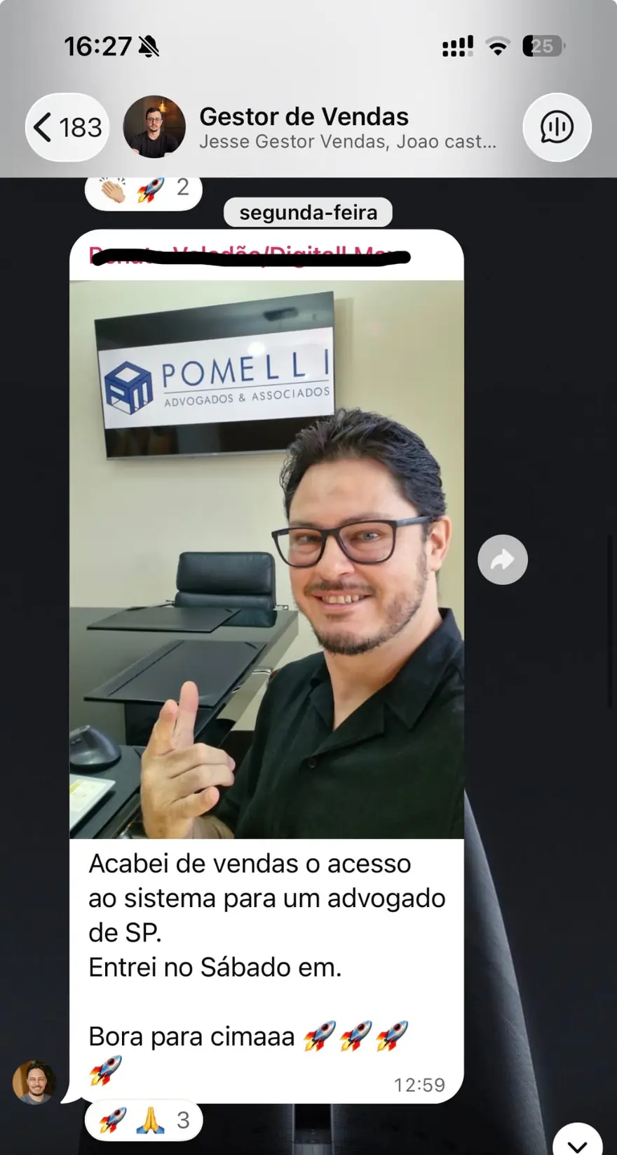 Print do grupo Gestor de Vendas — venda do sistema para um advogado de SP
