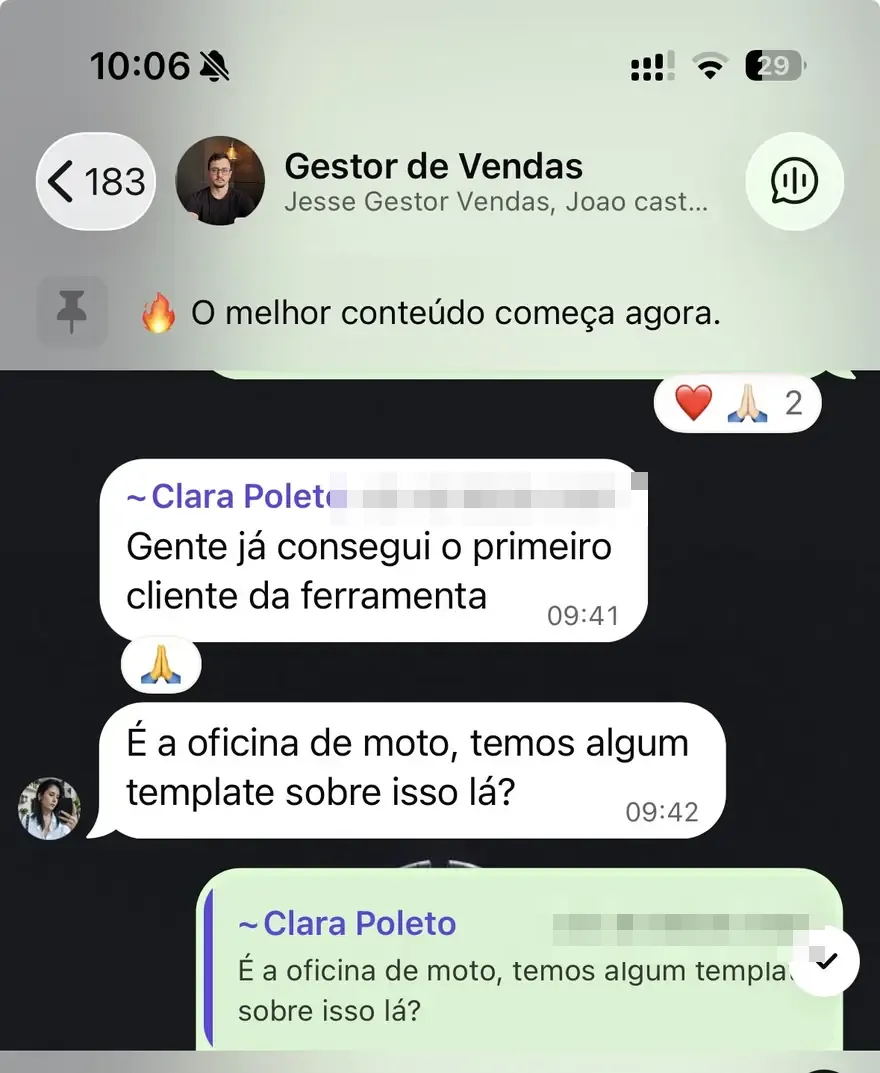 Print do grupo Gestor de Vendas — depoimento da Clara Poleto