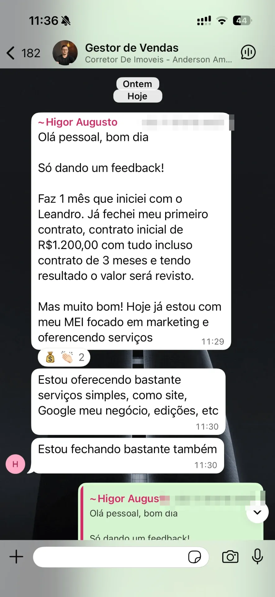 Print do grupo Gestor de Vendas — depoimento do Higor Augusto