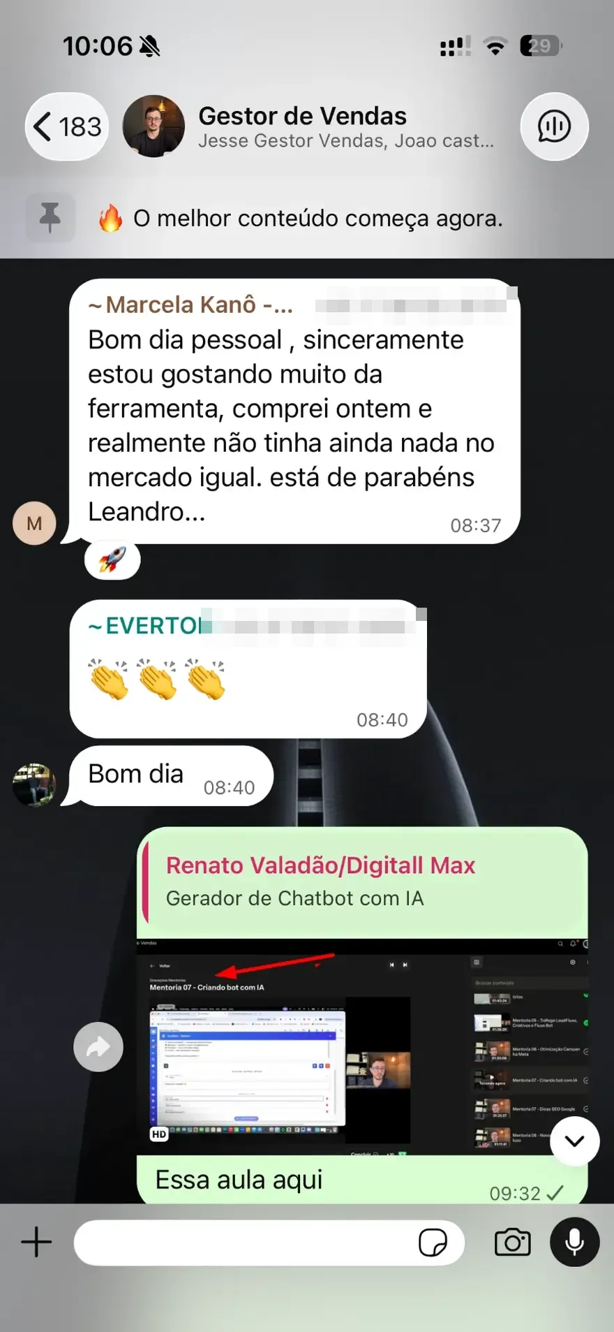 Print do grupo Gestor de Vendas — depoimento da Marcela Kanô