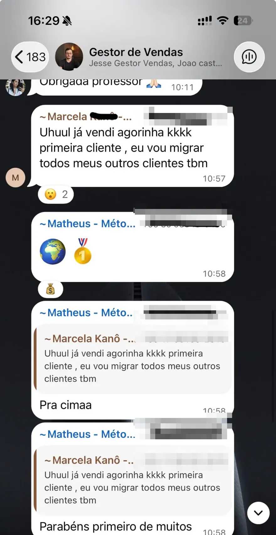 Print do grupo Gestor de Vendas — primeira cliente vendida pela Marcela