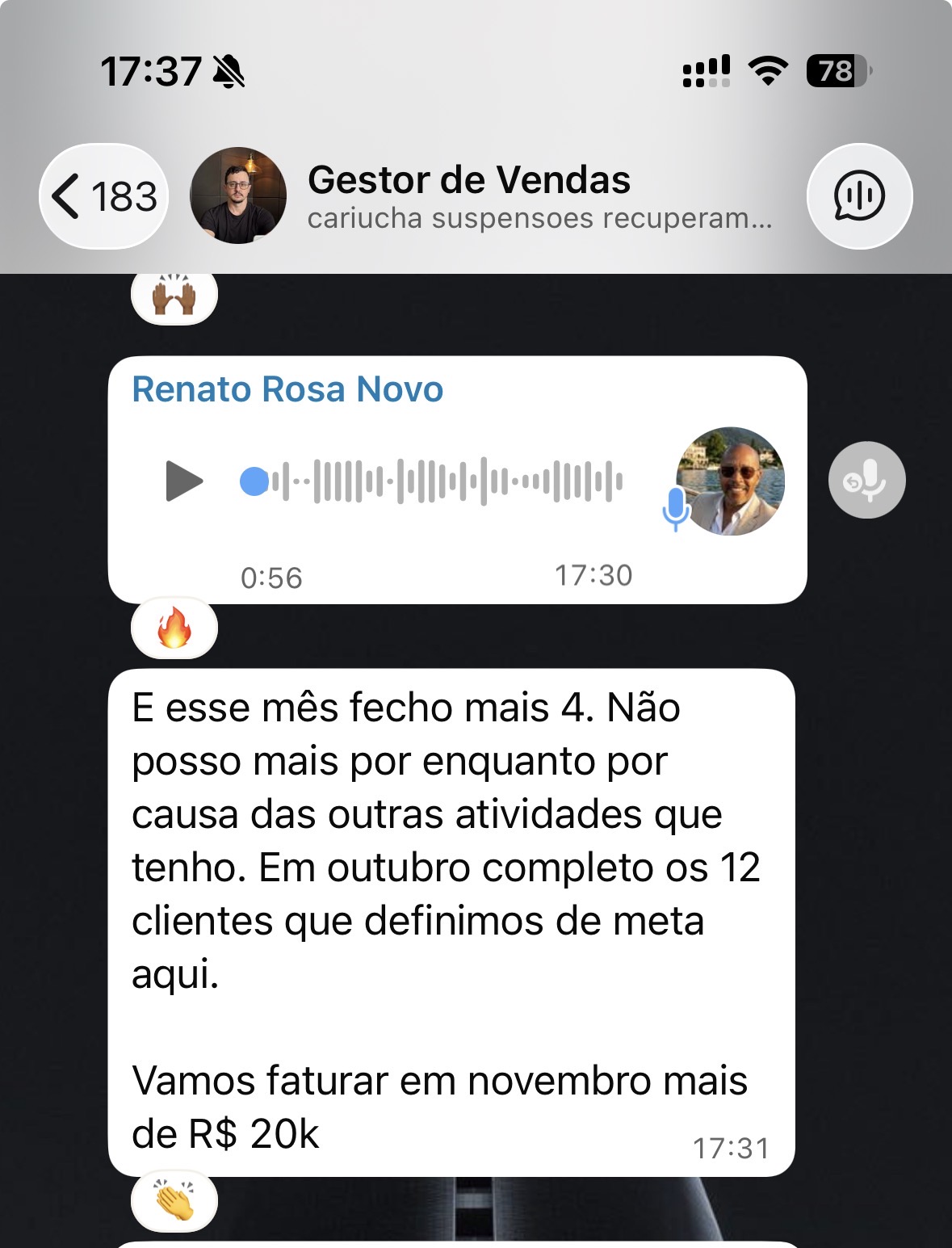 Print do grupo Gestor de Vendas — depoimento do Renato Rosa Novo